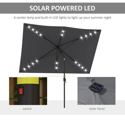 6.5x10ft Patio Umbrella Tilt Aluminum Outdoor Market Parasol with Solar Powered LEDs, Crank - Dark Grey