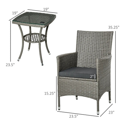3 Pieces Wicker Patio Furniture Set, Rattan Bistro Set with Glass Top Coffee Table and Cushions, Outdoor Conversation Set for Garden, Porch, Balcony, Grey