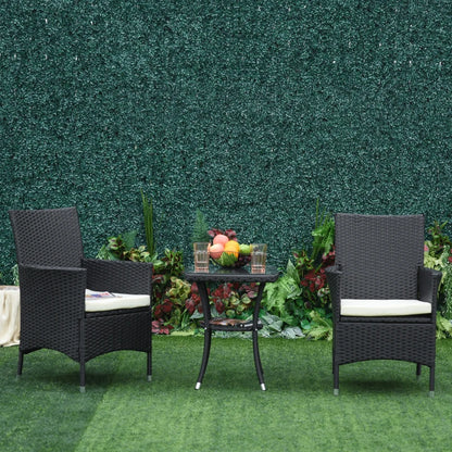 3-Piece Patio Bistro Set, Outdoor PE Rattan Furniture with Two Armchairs and Glass Top Table, Black.