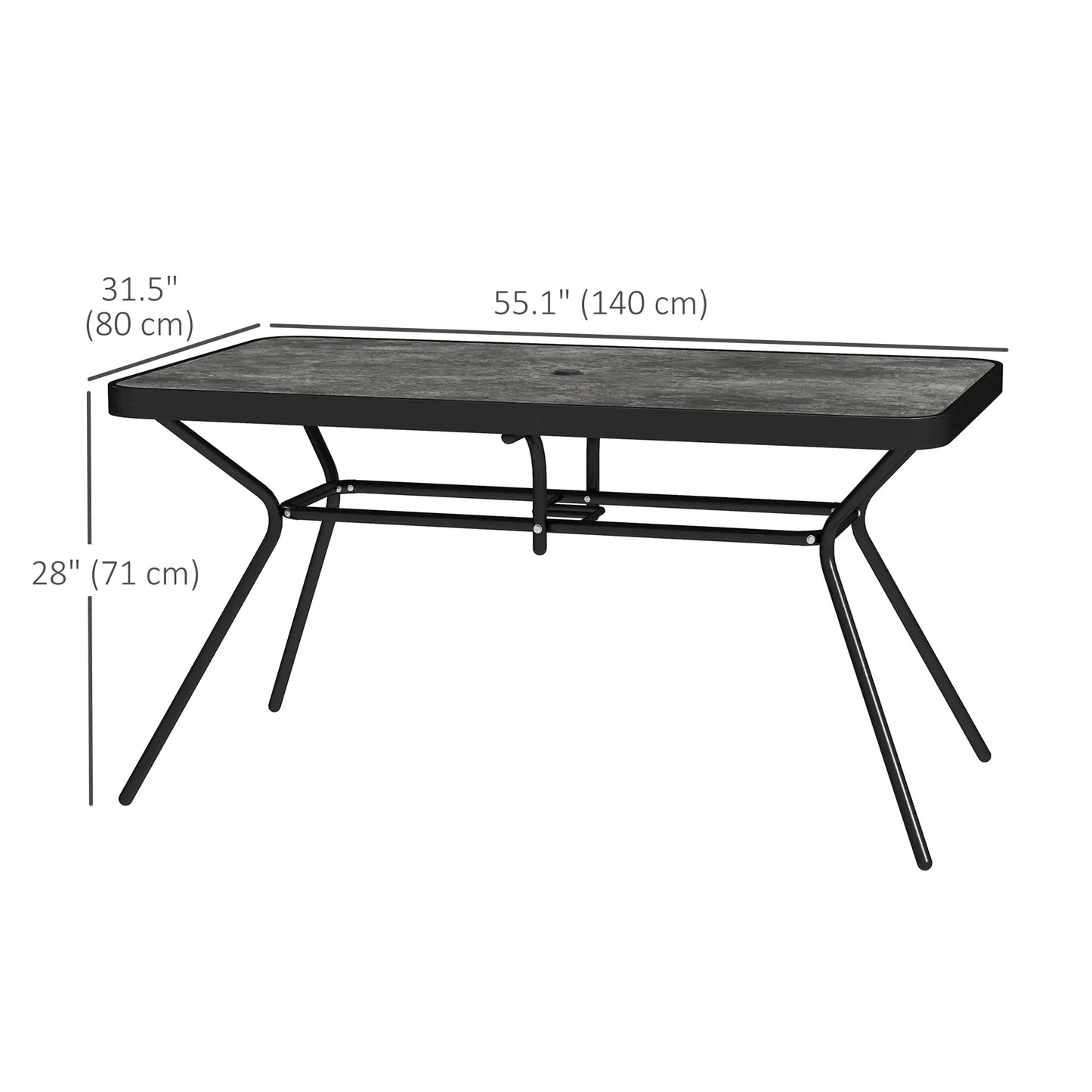 Rectangle Outdoor Dining Table for 6, with 1.7" Umbrella Hole, Easy Clean DPC Plastic Tabletop, 55" x 31.5" x 28"