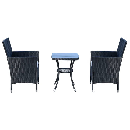 3-Piece Patio Bistro Set, Outdoor PE Rattan Furniture with Two Armchairs and Glass Top Table, Black.