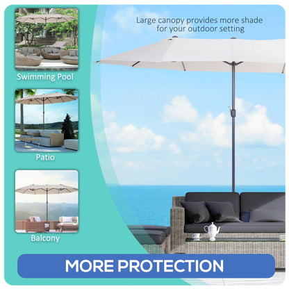 15' Outdoor Patio Umbrella with Twin Canopy Sunshade Steel Table Umbrella with Lift Crank ,Stand is EXCLUDED, Beige