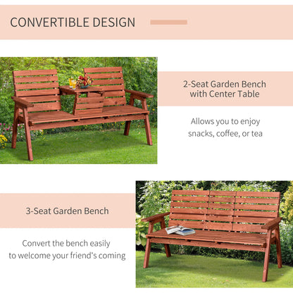 3-Seater Outdoor Bench with Convertible Middle Table, Garden Wooden Patio Loveseat with Middle Table for 2 Persons w/ Slatted Seat and Backrest, Armrests, Orange