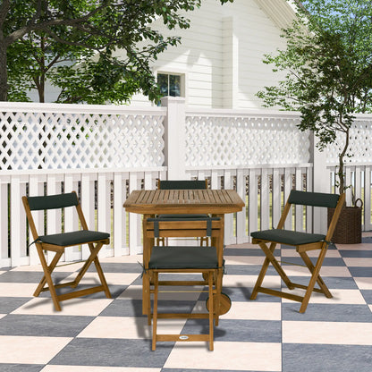 5 Pieces Wood Patio Dining Set, Wheeled Patio Table and Folding Chairs with Cushions for Garden Backyard Poolside, Teak