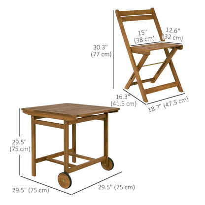 5 Pieces Wood Patio Dining Set, Wheeled Patio Table and Folding Chairs with Cushions for Garden Backyard Poolside, Teak