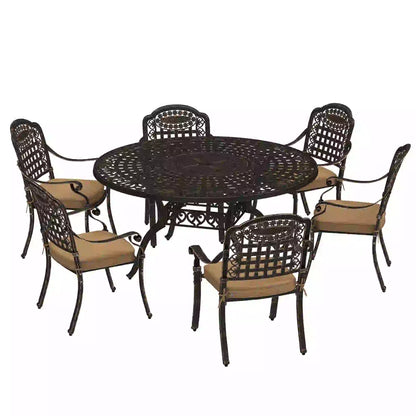 Outdoor Dining Set for 6, Aluminum Patio Table and Chairs Furniture Set with Umbrella Hole, Cushions, Bronze