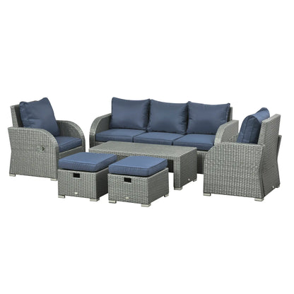 Patio Furniture with Cushions, 6 Pieces PE Wicker Patio Sectional Furniture Conversation Set w/ a Three-Seat Sofa, 2 Recliner Chairs, 2 Footstools & Table, Dark Blue