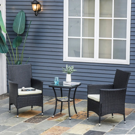 3-Piece Patio Bistro Set, Outdoor PE Rattan Furniture with Two Armchairs and Glass Top Table, Black.