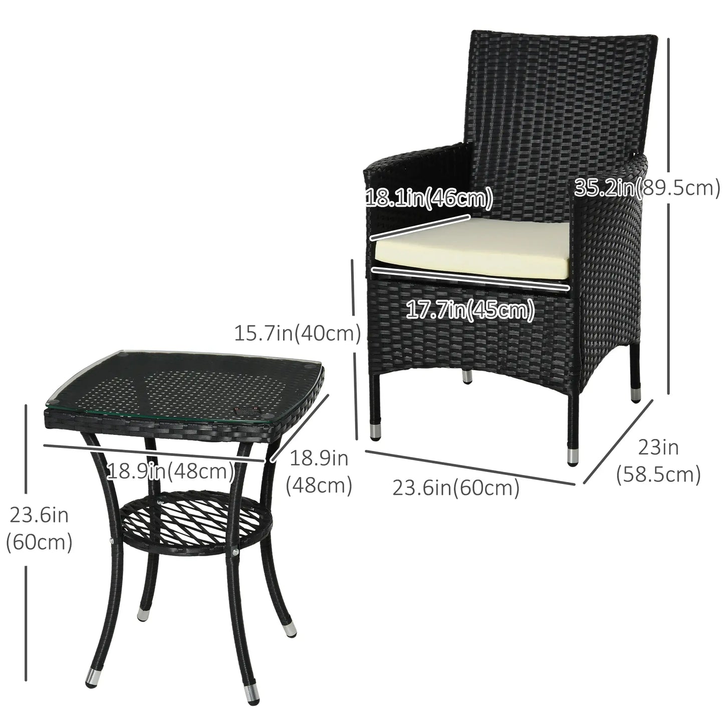 3-Piece Patio Bistro Set, Outdoor PE Rattan Furniture with Two Armchairs and Glass Top Table, Black.