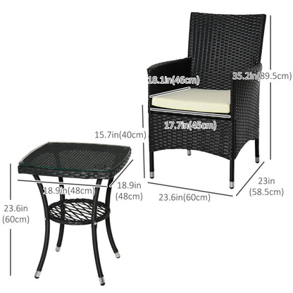 3-Piece Patio Bistro Set, Outdoor PE Rattan Furniture with Two Armchairs and Glass Top Table, Black.