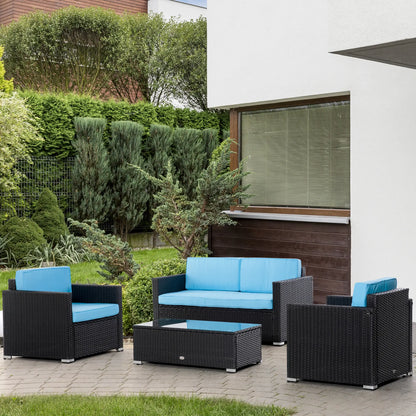 4 Pieces Wicker Patio Furniture Set with Thick Cushions, Outdoor PE Rattan Conversation Sofa Set with Glass Top Table & Extra Wide Seat, Sky Blue
