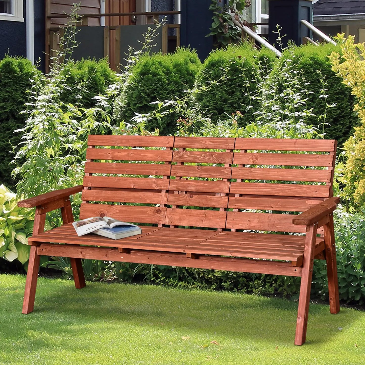 3-Seater Outdoor Bench with Convertible Middle Table, Garden Wooden Patio Loveseat with Middle Table for 2 Persons w/ Slatted Seat and Backrest, Armrests, Orange