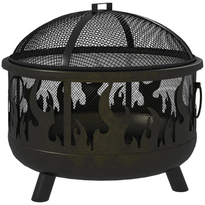 Outdoor Metal Fire Pit, 24" Round Firepit Bowl w/ Lid Grill Poker Handles for Garden, Camping, BBQ, Bonfire, Black