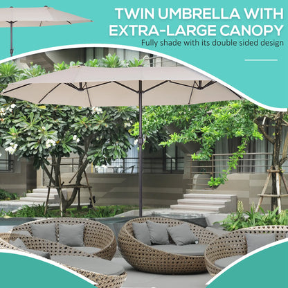 15' Outdoor Patio Umbrella with Twin Canopy Sunshade Steel Table Umbrella with Lift Crank ,Stand is EXCLUDED, Beige