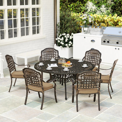 Outdoor Dining Set for 6, Aluminum Patio Table and Chairs Furniture Set with Umbrella Hole, Cushions, Bronze