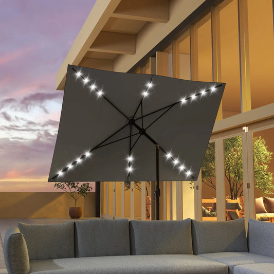 6.5x10ft Patio Umbrella Tilt Aluminum Outdoor Market Parasol with Solar Powered LEDs, Crank - Dark Grey