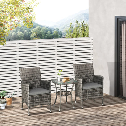 3-Piece Wicker Patio Furniture Set, Rattan Bistro Set with Glass Top Table and Cushions, Outdoor Conversation Set for Garden, Porch, Balcony, Mixed Grey