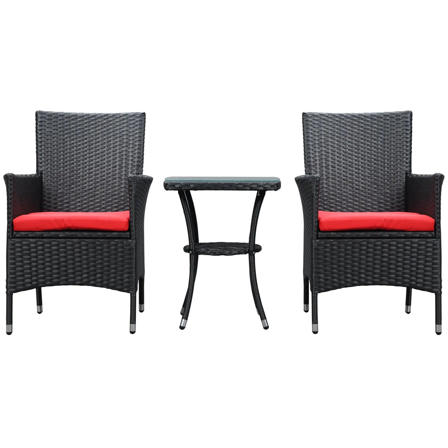 3-Piece Wicker Patio Furniture Set, Rattan Bistro Set with Glass Top Table and Cushions, Outdoor Conversation Set for Garden, Porch, Balcony, Red.