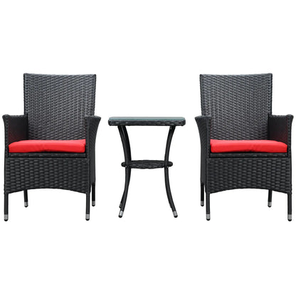 3-Piece Wicker Patio Furniture Set, Rattan Bistro Set with Glass Top Table and Cushions, Outdoor Conversation Set for Garden, Porch, Balcony, Red.