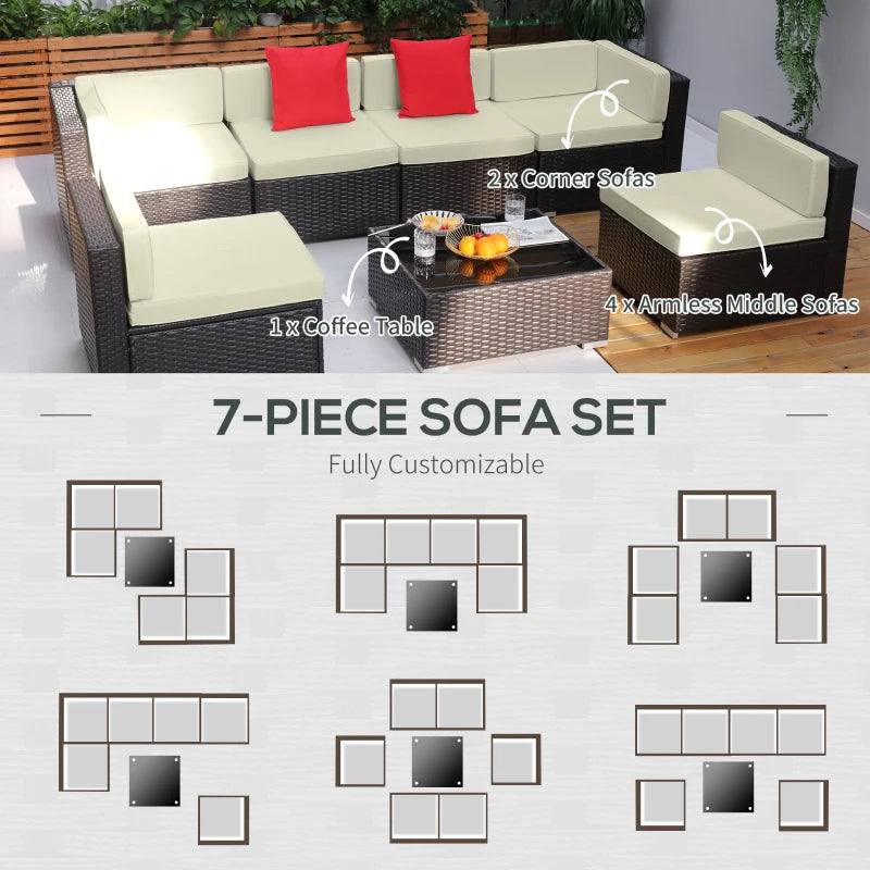 7 Pieces Patio Sofa Outdoor Wicker Sectional Patio Furniture Set, Dark Brown & Beige