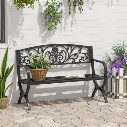 50" 2-Seater Garden Bench, Patio Porch Decorative Chair Cast Iron Loveseat Outdoor Furniture for Yard, Lawn, Porch, Black