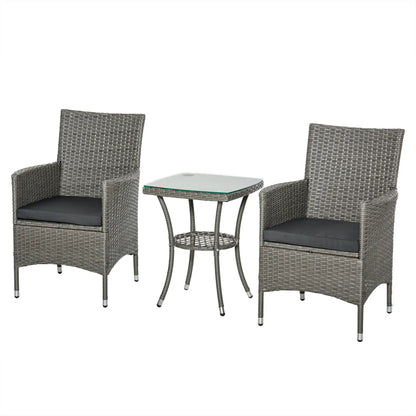 3 Pieces Wicker Patio Furniture Set, Rattan Bistro Set with Glass Top Coffee Table and Cushions, Outdoor Conversation Set for Garden, Porch, Balcony, Grey