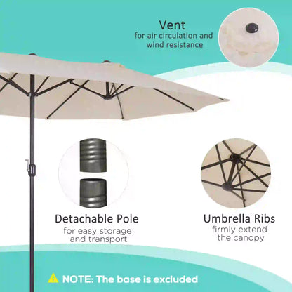 15' Outdoor Patio Umbrella with Twin Canopy Sunshade Steel Table Umbrella with Lift Crank ,Stand is EXCLUDED, Beige