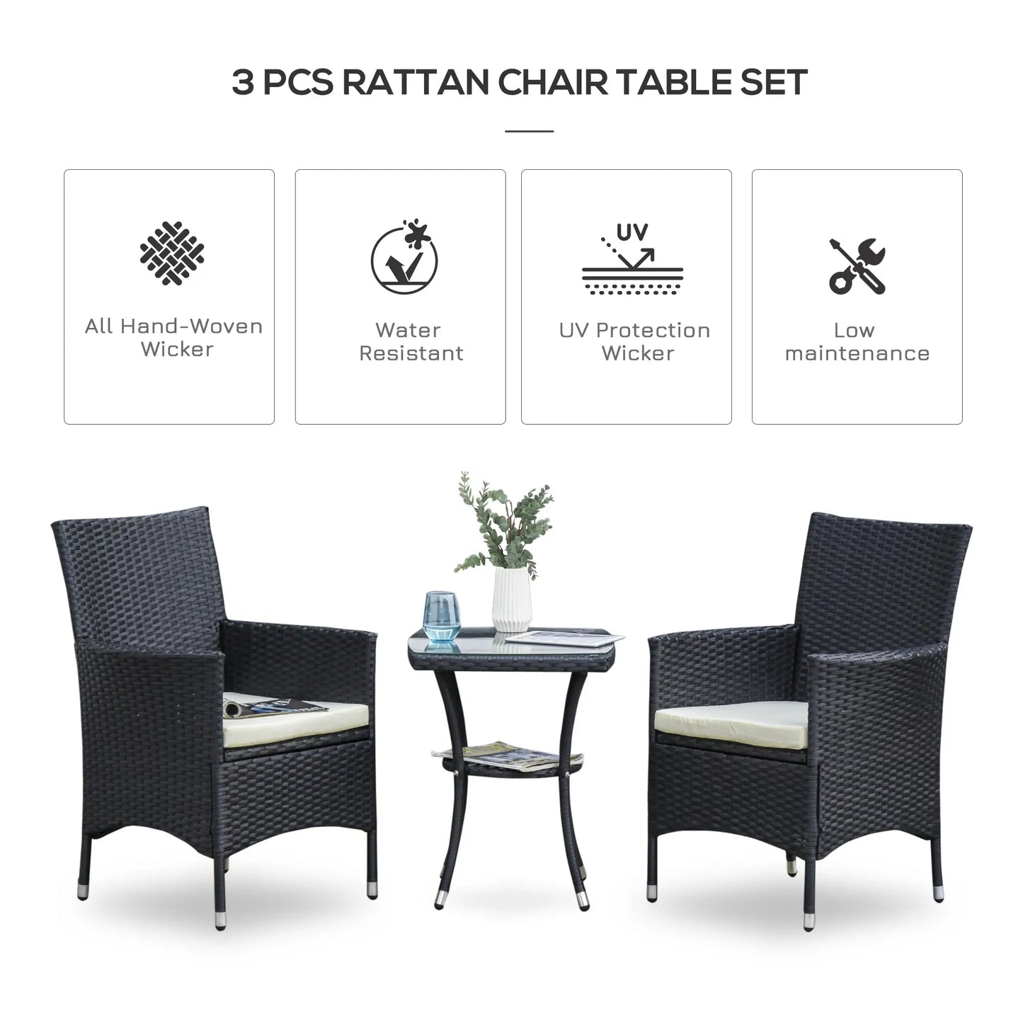 3-Piece Patio Bistro Set, Outdoor PE Rattan Furniture with Two Armchairs and Glass Top Table, Black.