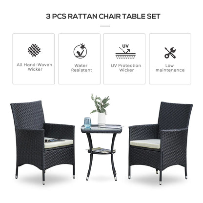 3-Piece Patio Bistro Set, Outdoor PE Rattan Furniture with Two Armchairs and Glass Top Table, Black.