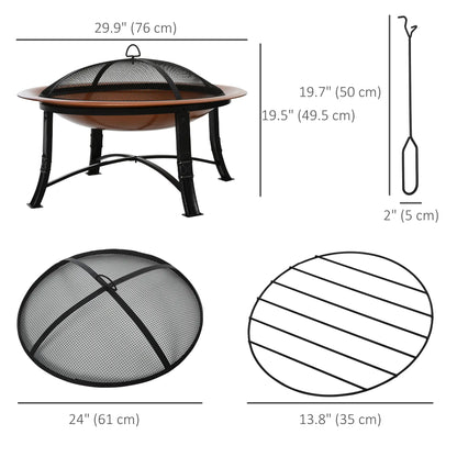 30" Outdoor Fire Pit Bowl, Round Fire Pit with Lid, Log Grate, Poker for Backyard, Camping, Picnic, Bronze
