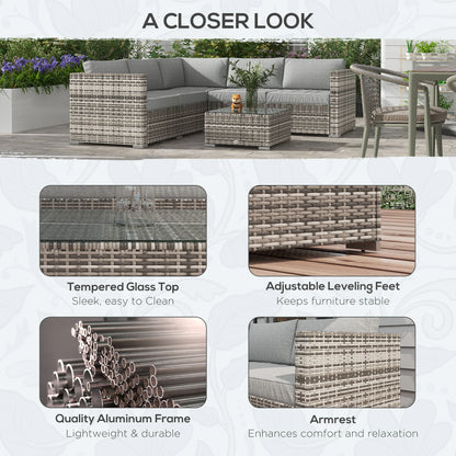 4 Pieces Rattan Wicker Outdoor Conversation Furniture Set w/ Corner Sofa Loveseats Coffee Table Cushions, Mixed Grey