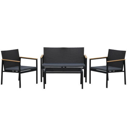 4 Pieces Wicker Patio Furniture Set with Cushions, Outdoor Rattan PE Rattan Conversation Set, Chairs and Loveseat with PS Board Armrests Decoration, Glass Top Table, Black