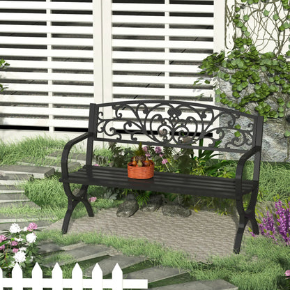 50" 2-Seater Garden Bench, Patio Porch Decorative Chair Cast Iron Loveseat Outdoor Furniture for Yard, Lawn, Porch, Black