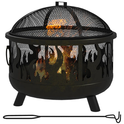 Outdoor Metal Fire Pit, 24" Round Firepit Bowl w/ Lid Grill Poker Handles for Garden, Camping, BBQ, Bonfire, Black