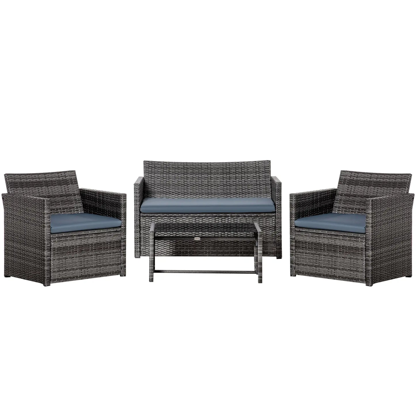 4 Pieces Patio Furniture Set with Cushions, Outdoor PE Rattan Wicker Conversation Garden Sofa Set with 2-Seater Chairs & Glass Coffee Table, Grey