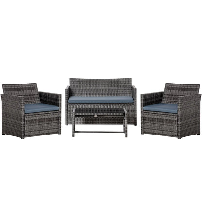 4 Pieces Patio Furniture Set with Cushions, Outdoor PE Rattan Wicker Conversation Garden Sofa Set with 2-Seater Chairs & Glass Coffee Table, Grey